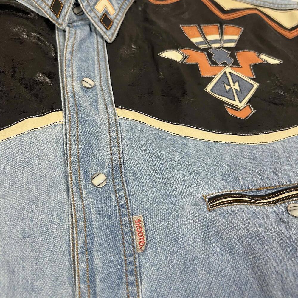 Men's Light Blue Denim Western Shirt with Black and Orange Embroidery - Picture 3 of 11